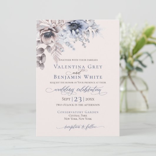 ほこりっぽいブルーベージュフローラ エレガント 招待状 (スタンド正面)