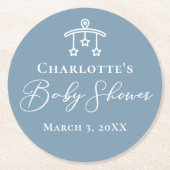 ほこりっぽいブルーホワイトシックなミニマリスト赤ちゃんシャワー ラウンドペーパーコースター (正面)