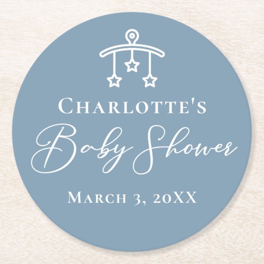ほこりっぽいブルーホワイトシックなミニマリスト赤ちゃんシャワー ラウンドペーパーコースター (正面)
