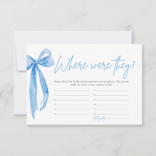 ほこりっぽいブルーボウどこ彼らはブライダルシャワーゲーム 招待状 (正面)