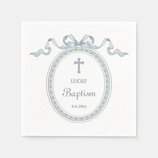 ほこりっぽいブルーボウギリシャ語額洗礼 スタンダードカクテルナプキン (正面)