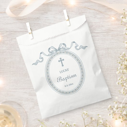 ほこりっぽいブルーボウギリシャ語額洗礼 フェイバーバッグ (クリップ留めされた状態)