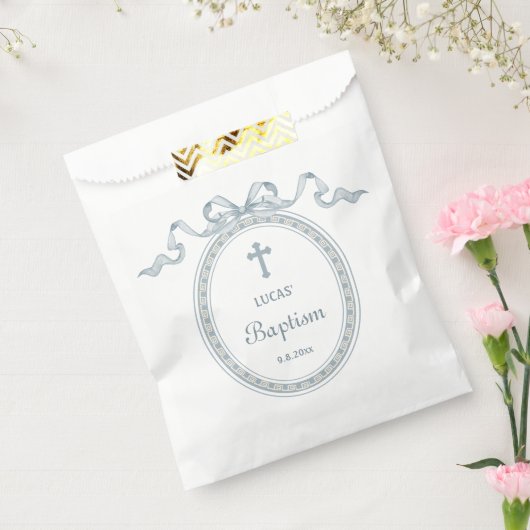 ほこりっぽいブルーボウギリシャ語額洗礼 フェイバーバッグ (封をした状態)