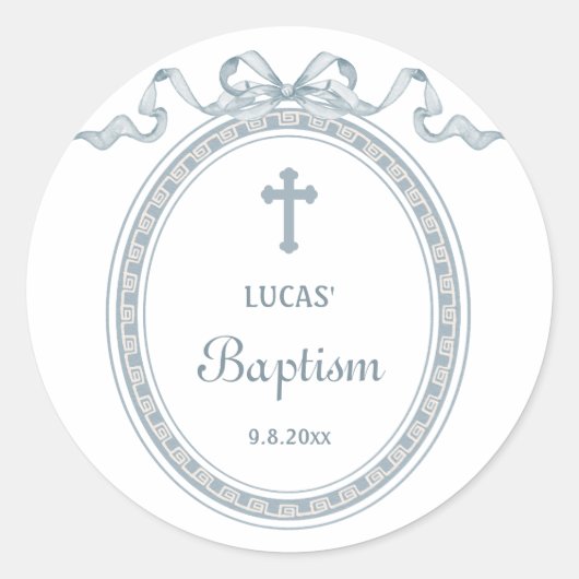 ほこりっぽいブルーボウギリシャ語額洗礼 ラウンドシール (正面)