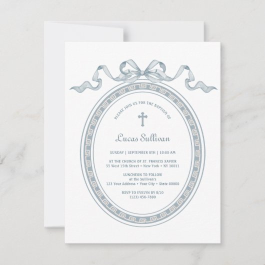 ほこりっぽいブルーボウギリシャ語額洗礼 招待状 (正面)