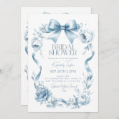 ほこりっぽいブルーボウリボンフローラ花ブライダルシャワー 招待状 (正面/裏面)
