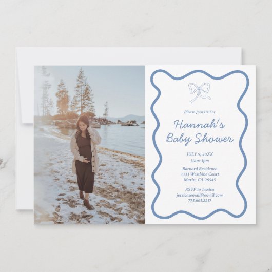 ほこりっぽいブルーボウリボン赤ちゃんシャワー写真招待状 招待状 (正面)