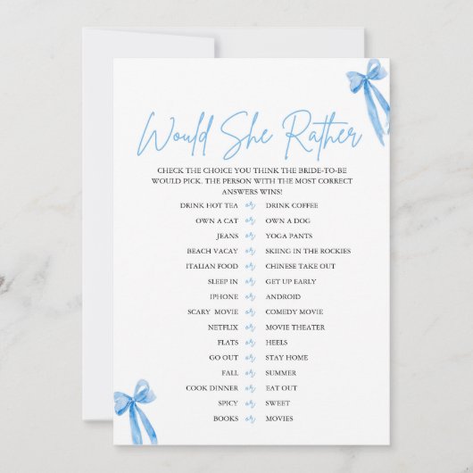 ほこりっぽいブルーボウ彼女はむしろブライダルシャワーゲーム 招待状 (正面)
