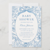 ほこりっぽいブルーボウ陳腐なフローラベビーシャワー 招待状 (正面)