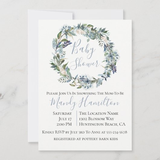ほこりっぽいブルーボタニカルフローラベビーシャワー招待状 招待状 (正面)