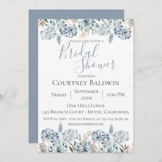 ほこりっぽいブルーボタニカルブライダルシャワー招待 招待状 (正面/裏面)