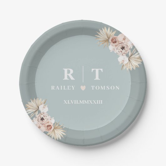 ほこりっぽいブルーボタニカルボホエレガントなウェディングモノグラム ペーパープレート (正面)