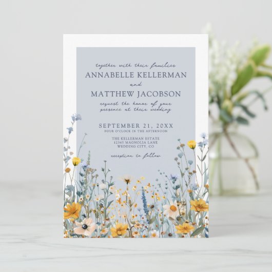 ほこりっぽいブルーボタニカルワイルドフラワー結婚フローラ 招待状 (スタンド正面)