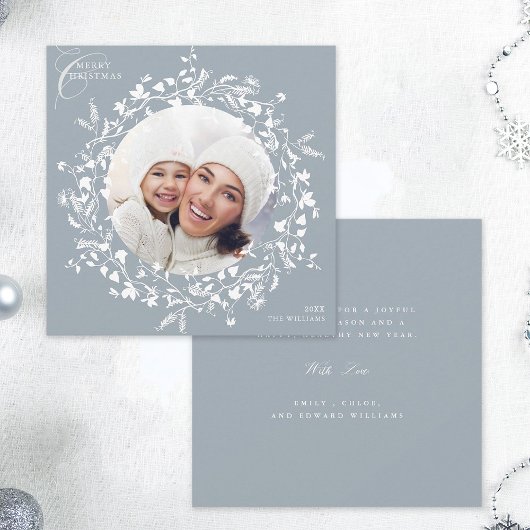 ほこりっぽいブルーボホワイルドフラワークリスマスフォトススクエア シーズンカード