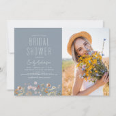 ほこりっぽいブルーボホワイルドフラワーブライダルシャワー写真 招待状 (正面)