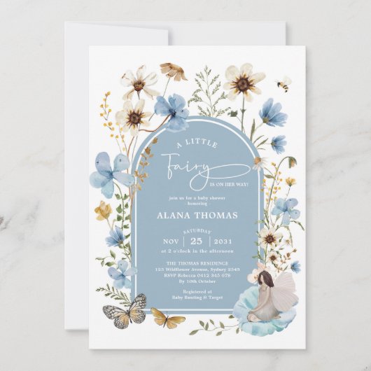 ほこりっぽいブルーボホ妖精ワイルドフラワーガールベイビーシャワー 招待状 (正面)