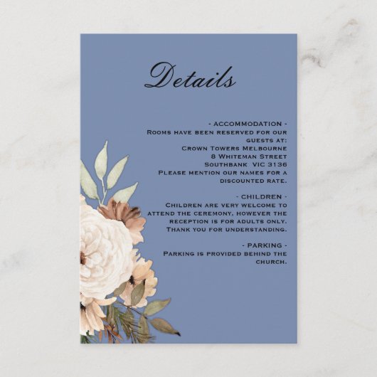 ほこりっぽいブルーボホ結婚花の詳細 エンクロージャーカード (正面)