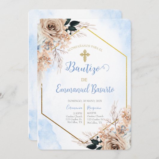 ほこりっぽいブルーボーホバプテスマの招待 招待状 (正面/裏面)