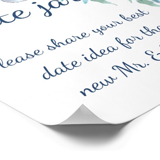 ほこりっぽいブルーマリンフローラ日付ジャーブライダルシャワー ポスター (角)