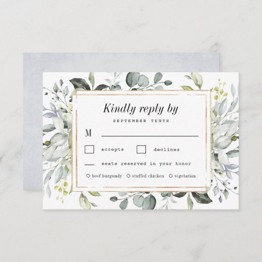 ほこりっぽいブルーミール選択金ゴールドエレガントフローラ結婚ズ 出欠カード (正面/裏面)