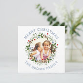 ほこりっぽいブルーメリークリスマス、フローラリース写真 シーズンカード (スタンド正面)