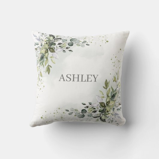 ほこりっぽいブルーモノグラム水彩緑の名前 クッション (裏面)