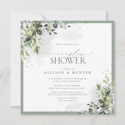 ほこりっぽいブルーユーカリ植物性カップルのシャワー 招待状 (正面)