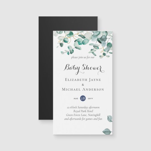 ほこりっぽいブルーユーカリ緑の赤ちゃんシャワー招待状 (正面/裏面)