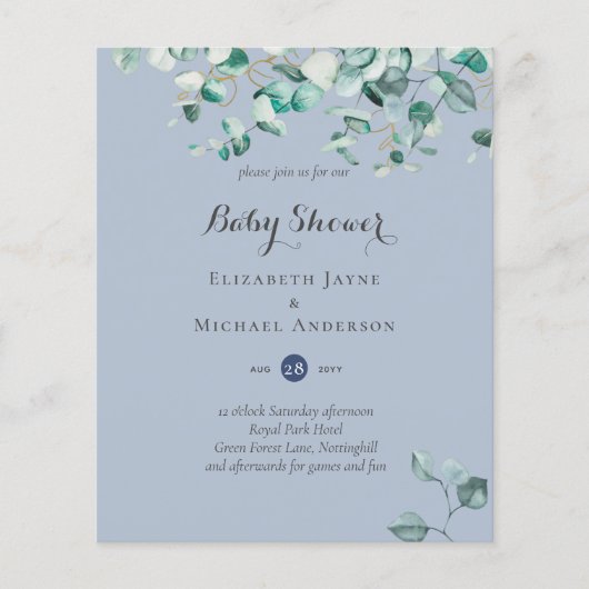 ほこりっぽいブルーユーカリ緑の赤ちゃんシャワー招待状 (正面)