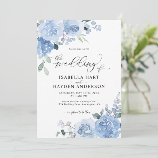 ほこりっぽいブルーライトベビーブルーフローラ結婚の花 招待状 (スタンド正面)