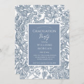 ほこりっぽいブルーラインアートワイルドフラワーズフローラ 招待状 (正面/裏面)