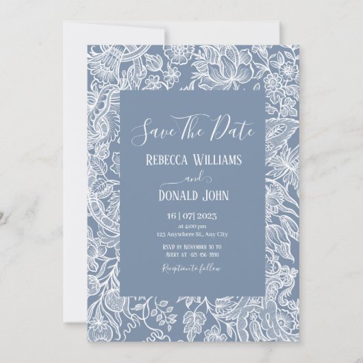 ほこりっぽいブルーラインアートワイルドフラワーズワイルドフラワーズフローラchinoiserie 招待状 (正面)