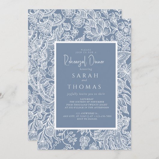 ほこりっぽいブルーラインアートワイルドフラワー 招待状 (正面/裏面)