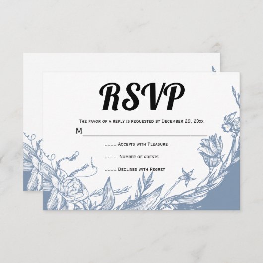 ほこりっぽいブルーラインアート花タイポグラフィフローラ 出欠カード (正面/裏面)