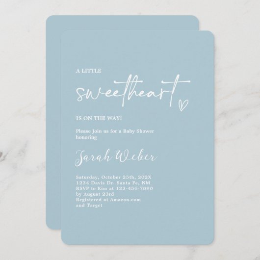 ほこりっぽいブルーリトルスウィートベビーシャワーボーイ 招待状 (正面/裏面)