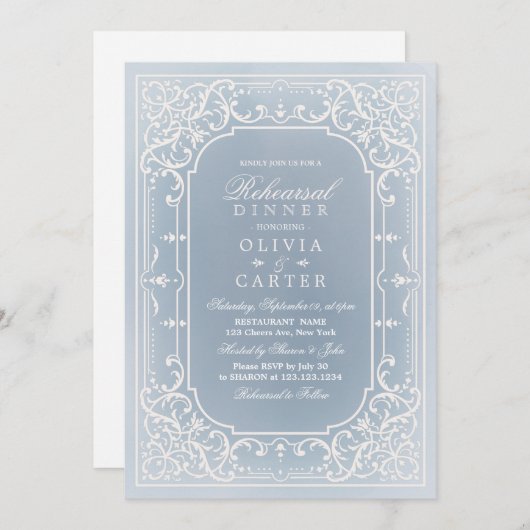 ほこりっぽいブルーロマンチックなヴィンテージリハーサルのディナー 招待状 (正面/裏面)