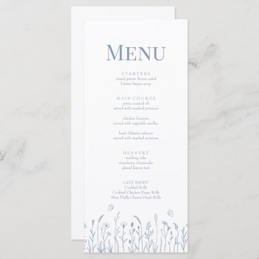 ほこりっぽいブルーワイルドフラワーと蝶のメニューカード メニュー (正面/裏面)