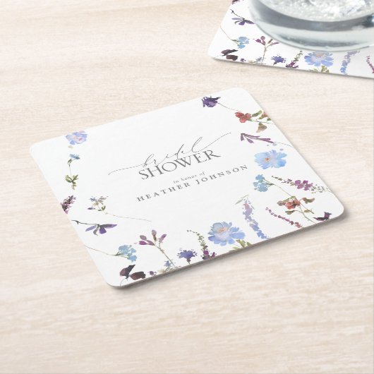 ほこりっぽいブルーワイルドフラワーウォーターブライダルシャワー スクエアペーパーコースター (アングル)