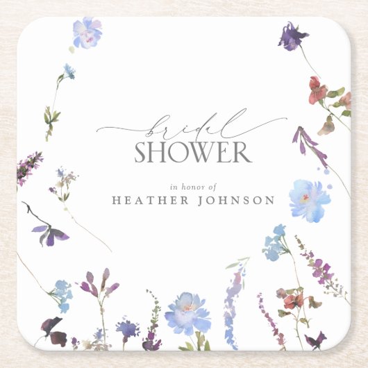 ほこりっぽいブルーワイルドフラワーウォーターブライダルシャワー スクエアペーパーコースター (正面)