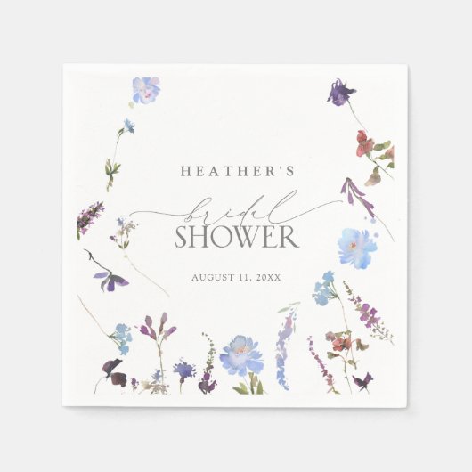 ほこりっぽいブルーワイルドフラワーウォーターブライダルシャワー スタンダードカクテルナプキン (正面)