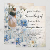 ほこりっぽいブルーワイルドフラワーフォトQRコード結婚ズ 招待状 (正面/裏面)