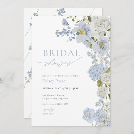 ほこりっぽいブルーワイルドフラワーブライダルシャワー招待 招待状 (正面/裏面)