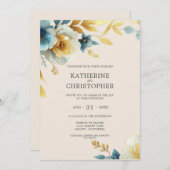 ほこりっぽいブルーワイルドフラワーベージュエレガントな結婚式 招待状 (正面/裏面)