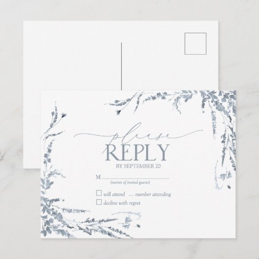 ほこりっぽいブルーワイルドフラワー書道結婚式RSVP インビテーションポストカード (正面/裏面)