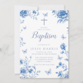 ほこりっぽいブルーヴィンテージに魅了された男の子または女の子のバプテスマ 招待状 (正面)