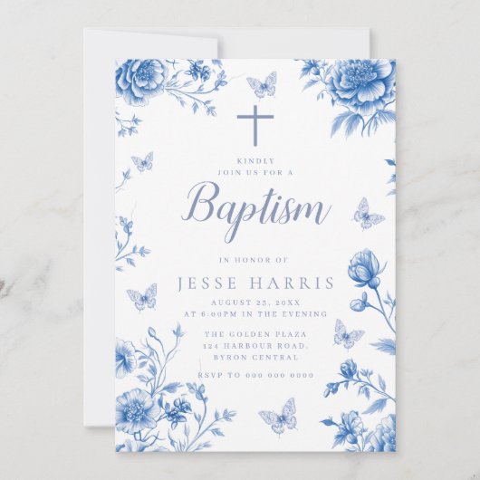 ほこりっぽいブルーヴィンテージに魅了された男の子または女の子のバプテスマ 招待状 (正面)