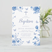 ほこりっぽいブルーヴィンテージに魅了された男の子または女の子のバプテスマ 招待状 (スタンド正面)