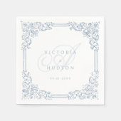 ほこりっぽいブルーヴィンテージフレームエレガントなウェディングモノグラム スタンダードカクテルナプキン (正面)