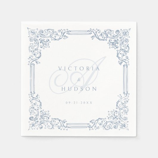 ほこりっぽいブルーヴィンテージフレームエレガントなウェディングモノグラム スタンダードカクテルナプキン (正面)
