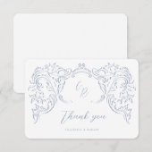 ほこりっぽいブルーヴィンテージフローリッシュモノグラム結婚ズ サンキューカード (正面/裏面)